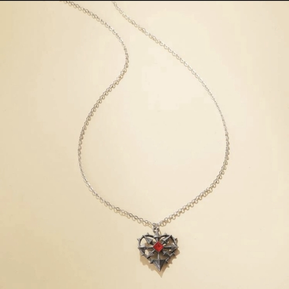 Spiked Heart Necklace with Bright Red Stone - Picture 3 of 5